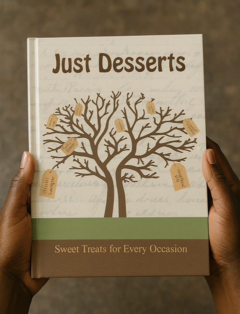 Just Desserts cookbook cover held in hands