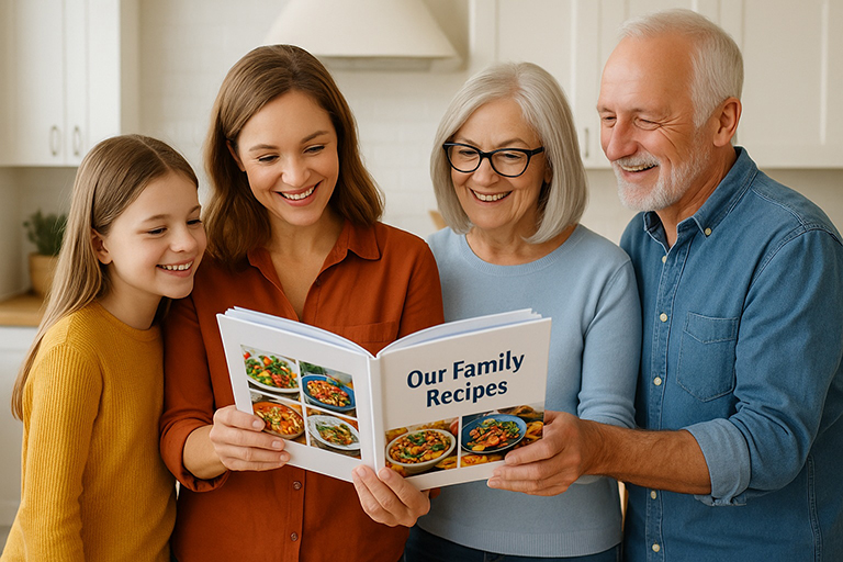 Family sharing their cookbook together