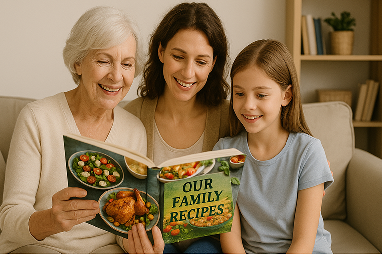 Grandmother sharing recipes with grandchildren