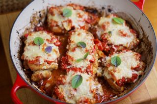Sear-Roasted Chicken Thighs with Cherry Tomato Pan Sauce and Parmigiano image