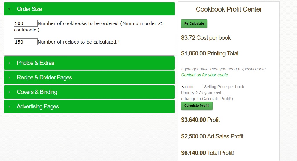 Cookbook Fundraiser Profit Calculator